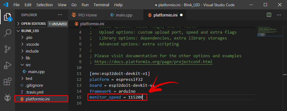 PlatformIO-change-serial-monitor-baud-rate Hướng dẫn cài đặt Visual Studio Code và PlatformIO để lập trình Arduino, ESP32, ESP8266