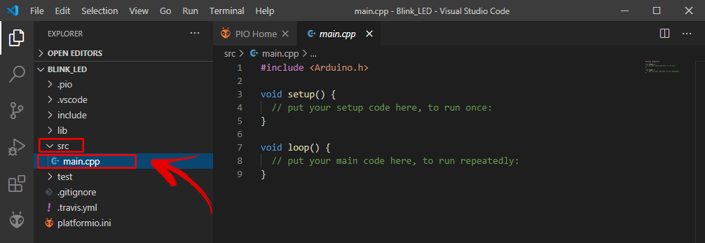 PlatformIO-scr-folder-main-file Hướng dẫn cài đặt Visual Studio Code và PlatformIO để lập trình Arduino, ESP32, ESP8266