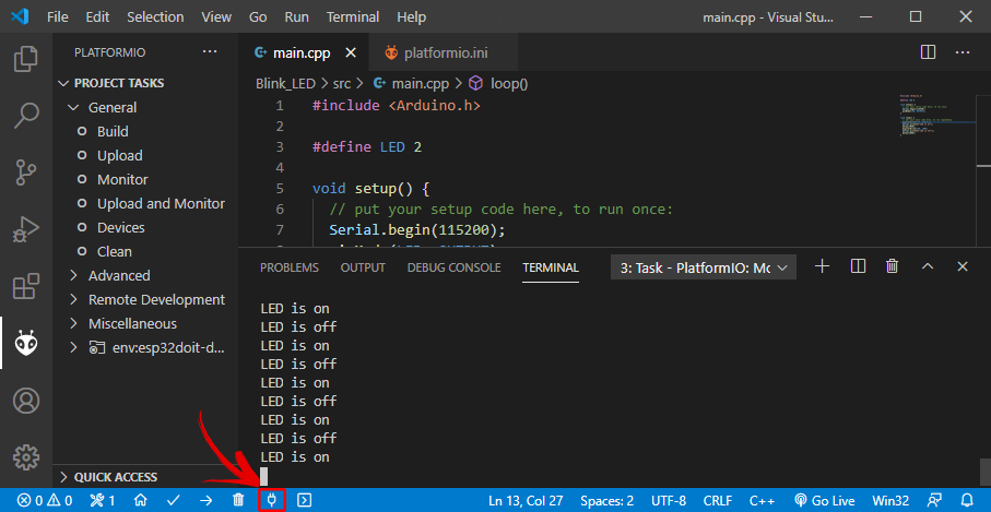 Platformio-VS-Code-Serial-Monitor-ESP32 Hướng dẫn cài đặt Visual Studio Code và PlatformIO để lập trình Arduino, ESP32, ESP8266