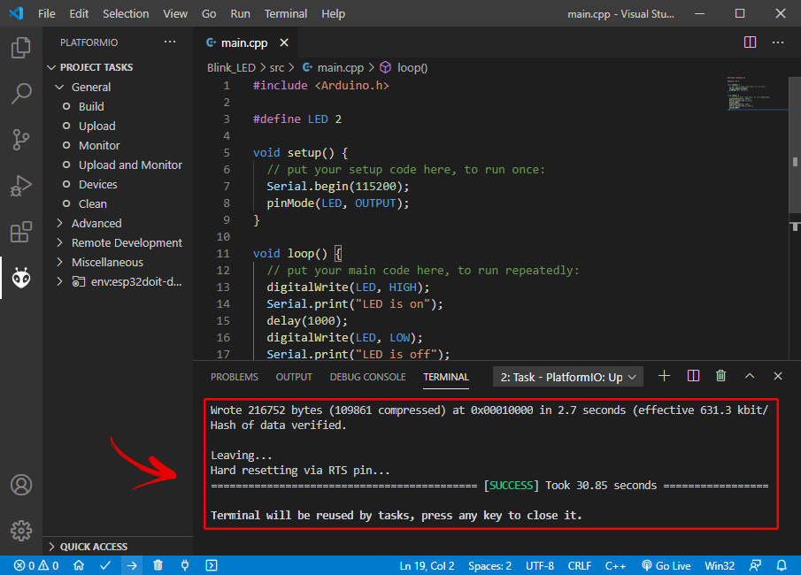 Upload-Code-ESP32-PlatformIO-VS-Code-Success Hướng dẫn cài đặt Visual Studio Code và PlatformIO để lập trình Arduino, ESP32, ESP8266