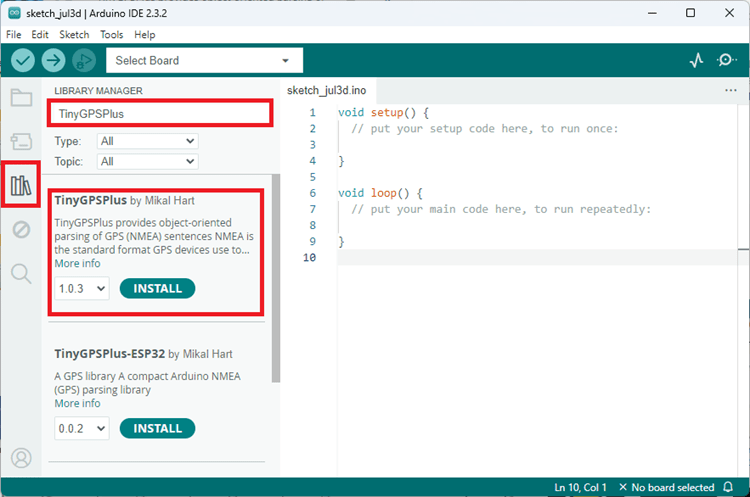 install-tiny-gps-plus-library-arduino-ide Kết nối ESP32 với GPS module NEO-6M