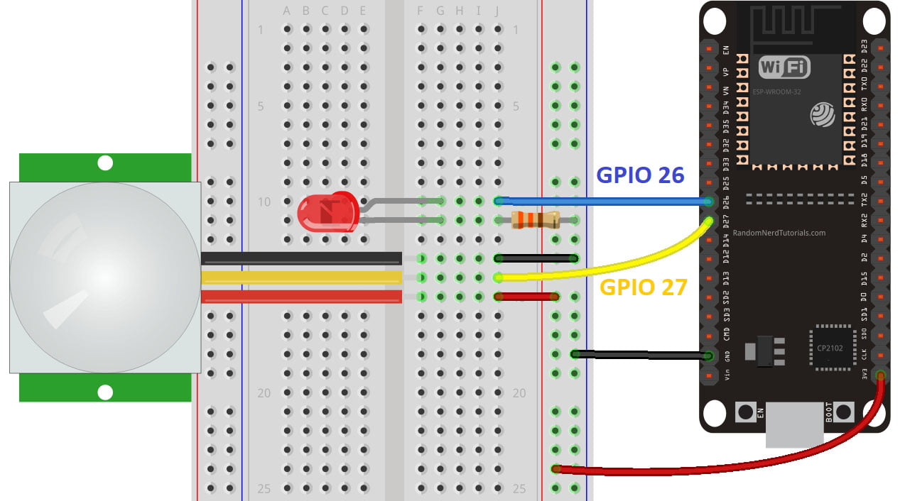 pir_esp32_interrupts Kết nối ESP32 với cảm biến chuyển động PIR dùng ngắt ngoài và millis()